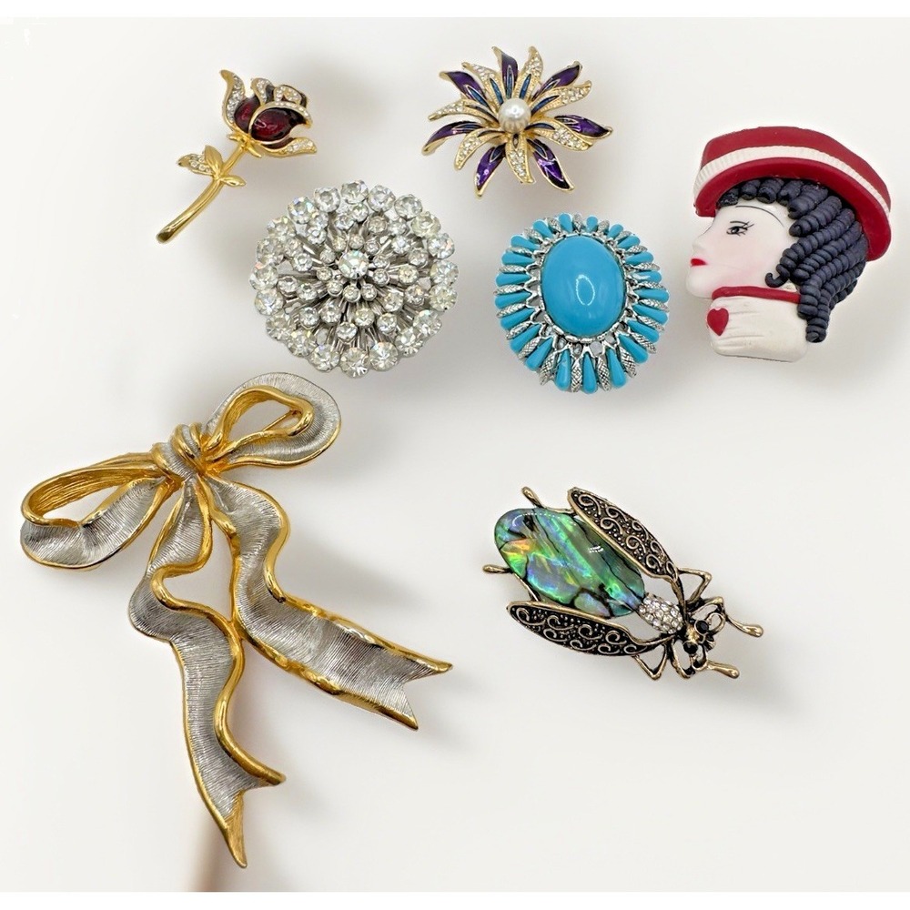 Brooch Lot 7 Mixed Rhinestone Vintage to Now Costume Pins